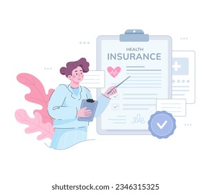 Health insurance vector concept, people with a doctor fill out a medical online insurance form. It can be used for landing page, ui, web, mobile app.