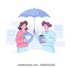 Health insurance vector concept, people with a doctor fill out a medical online insurance form. It can be used for landing page, ui, web, mobile app.