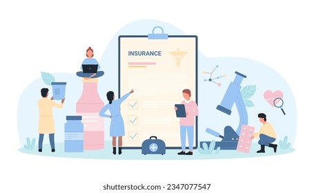 Health insurance vector illustration. Cartoon tiny people check healthcare policy document on clipboard to protect family life, record list of urgent medical care and help for patient in clinic form