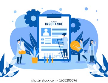 Health insurance vector illustration concept isolated, medical laboratory with tiny doctors people teamwork. Test tubes and flasks with analyzes. Insurance policy or report.