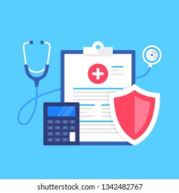 Health insurance. Vector illustration. Medical protection, medical insurance concepts. Flat design. Clipboard with healthcare document, stethoscope, calculator and shield