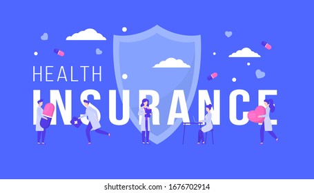 Health insurance vector illustration. Medical family healthcare support concept, flat cartoon tiny female doctor takes care patient in hospital. Medicine insurance services, health protection people