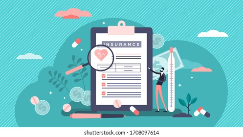 Health insurance vector illustration. Medical costs security support flat tiny persons concept. Expensive money risk agreement to cover expenses payback. People diseases and illness payment protection