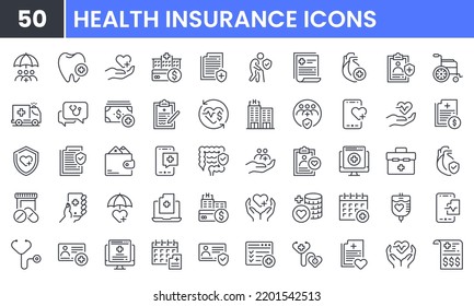 Health Insurance Vector Line Icon Set. Contains Linear Outline Icons Like Hospitalization, Medical Coverage, Dental, Emergency, Healthcare, Rehabilitation, Protection. Editable Use And Stroke For Web.