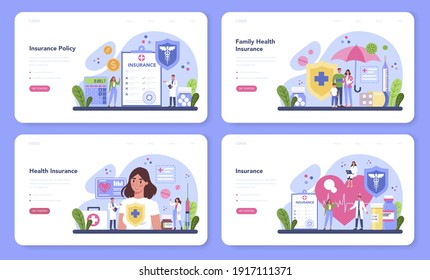 Health insurance web banner or landing page set. Idea of security and protection of property and life from damage. Healthcare and medical service. Isolated flat vector illustration