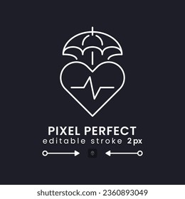 Health insurance white linear desktop icon on black. Medical coverage plan. Healthcare protection. Pixel perfect, outline 2px. Isolated user interface symbol for dark theme. Editable stroke