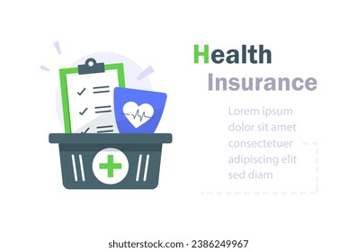 Health insurance,checklist clipboard and shield,medical program,annual checkup, sick leave