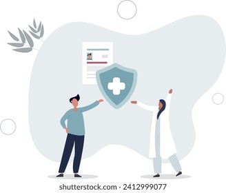 Health insurance.Doctor offering medical insurance policy contract..Patient holding insurance ID card.