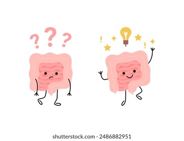 Health of intestine sad disease gut with question and happy healthy with light bulb as idea, cartoon child character. Check health of bowel. Confused gut, seek answer and finds solution. Vector