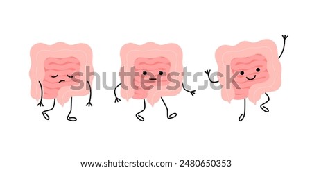 Health of intestine from sad unhealthy disease gut to happy with good microflora, cartoon character. Check health of intestine. Internal organ gut, intestine, colon, rectum, bowel. Vector illustration