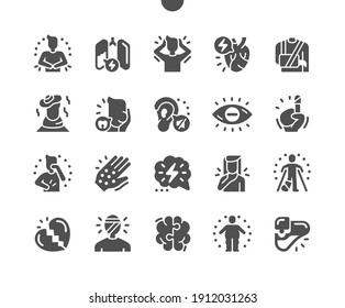 Health issues. Mental health and emotional problems. Headache, toothache, cirrhosis and qualmishness. Brain diseases. Vector Solid Icons. Simple Pictogram