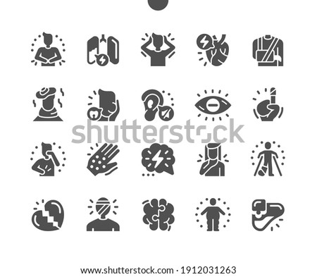 Health issues. Mental health and emotional problems. Headache, toothache, cirrhosis and qualmishness. Brain diseases. Vector Solid Icons. Simple Pictogram