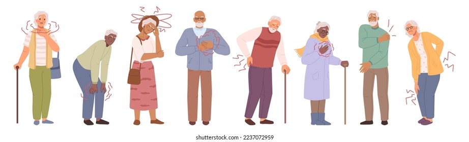 Health issues and problems of senior people. Isolated elderly personages, men and women with pains and aches in body parts. Flat cartoon character, vector illustration