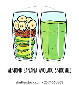 Health Juice Recipe, vector hand draw, Almond Banana Avocado Smoothie