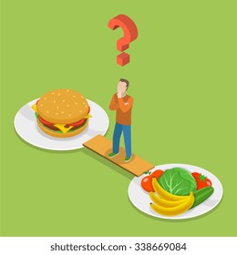 Health or junk food isometric flat vector illustration. Man on the bridge between plate with junk and health food is thinking which to choose.