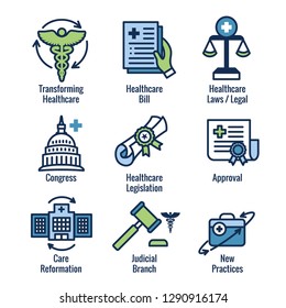 Health Laws And Legal Icon Set | Various Aspects Of The Legal System