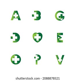 health letter logo bundle design, with letter and plus combination design into one unique and elegant symbol.green gradation.white isolated.modern template.