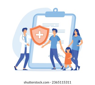  Health and life insurance concept, Doctor and Patients in Hospital filling Health and Life Insurance Policy Contract. flat vector modern illustration