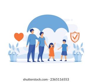 Health and life insurance concept, Family standing under insurance umbrella together. flat vector modern illustration