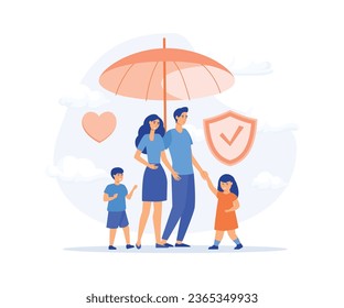 Health and life insurance concept, Family standing under insurance umbrella together. Shield protection for parents and children, flat vector modern illustration