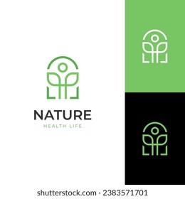 Health life logo icon design with people leaf graphic element symbol for wellness center vector logo template