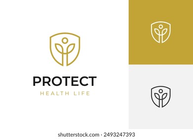 Health life protection logo icon design with shield graphic symbol for wellness center medic logo template