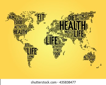 Health and Life World Map in Typography, sport, health, fitness word cloud concept