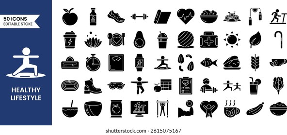 Health Lifestyle line editable icons set in solid style. Containing running, routine, self-care, diet, exercise and more. Vector illustration