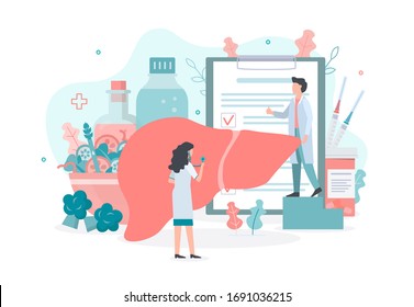 The health of the liver. Doctors carry out diagnostics, vaccination, and healthy nutrition. Medical concept with tiny people. Flat vector illustration.