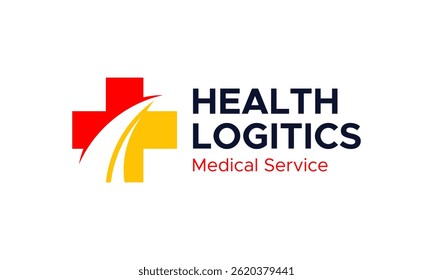 Projeto do logotipo da logística de saúde. Design de vetor de rua com símbolo de ícone gráfico de sinal cruzado médico