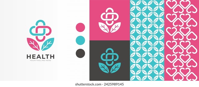 LOGOTIPO DE SALUD CON HOJA Y SÍMBOLO PLUS. ADECUADO PARA APOTEK O FARMACIA O MEDICINA