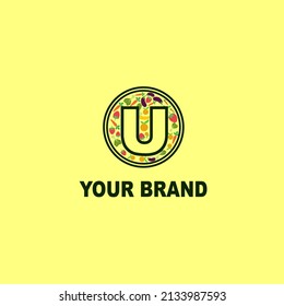 Health logo with letter U with elements of fruit and vegetables or healthy food