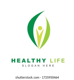 Health logo template. Human character sign with natural green leaf concept. Vector Illustration and symbol can use for branding herbal product, pharmacy, environment issue, medical wellness, clinic