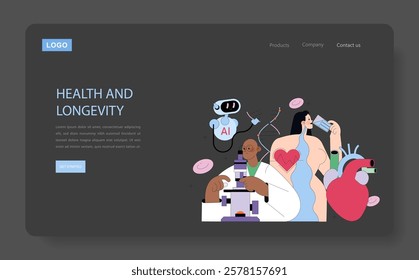 Health and Longevity concept. Exploration of advanced healthcare through science and technology. Focus on AI, research, and wellness for improved life quality and enhanced longevity. Vector