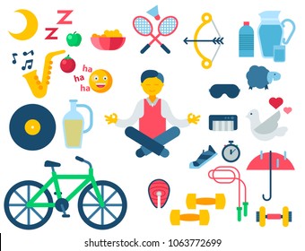 Health and longevity icons modern activity durability vector natural healthy life product food nutrition illustration