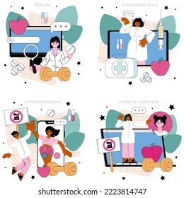 Health and longevity online service or platform set. Healthy lifestyle, healthcare, heredity and environment. Online health check, consultation, contacts, website. Flat vector illustration