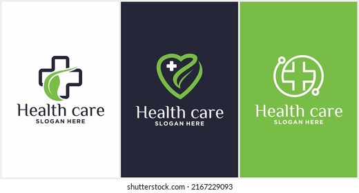 Health love logo set. Medical health logo design template with combination of leaves.