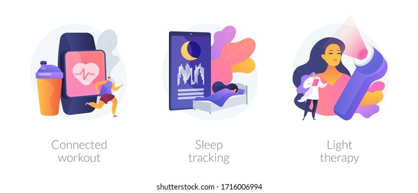 Health maintaining and wellbeing abstract concept vector illustration set. Connected workout, sleep tracking, light therapy, smart gym, sport video tutorial, wearable monitor abstract metaphor.