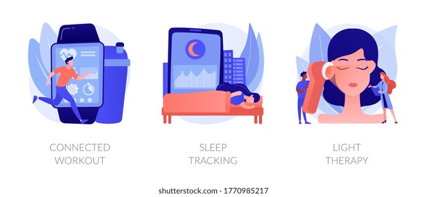 Health maintaining and wellbeing abstract concept vector illustration set. Connected workout, sleep tracking, light therapy, smart gym, sport video tutorial, wearable monitor abstract metaphor.