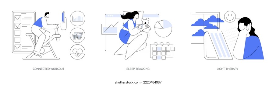 Health maintaining and wellbeing abstract concept vector illustration set. Connected workout, sleep tracking, light therapy, smart gym, sport video tutorial, wearable monitor abstract metaphor.