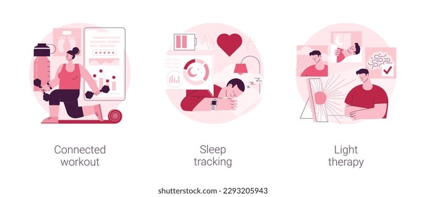 Health maintaining and wellbeing abstract concept vector illustration set. Connected workout, sleep tracking, light therapy, smart gym, sport video tutorial, wearable monitor abstract metaphor.