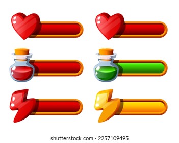 Health, Mana, Energy. Big set. Mana bar, energy bar, life bar. Scale for video game. Video game interface elements.