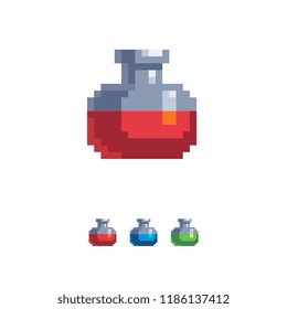 Health and mana. Magic bottle with blue and Red potion. Set of glass jars for games. Flask with liquid. 8-bit element, isolated vector illustrations. Retro, 8-bit style, pixel element for game design.