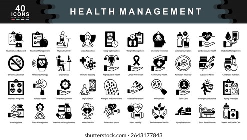 The Health Management black icon set highlights proactive strategies in wellness, disease prevention, and recovery, ideal for medical apps, fitness programs, and public health campaigns.