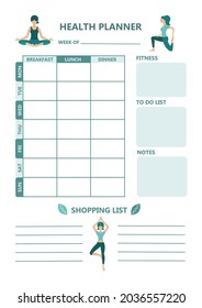 Health meal planner weekly schedule blank ready for printing. Diet plan. Fitness, notes, to do list. Vector illustration.