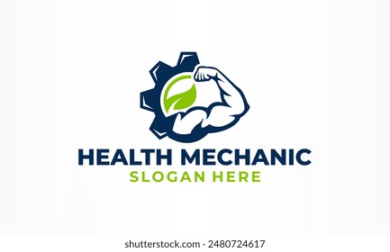Health Mechanic Logo, combination of Muscle silhouettes, Leaf and Automotive Gear, Strong Muscles Icon, Fitness and Strength Logo Vector Illustration