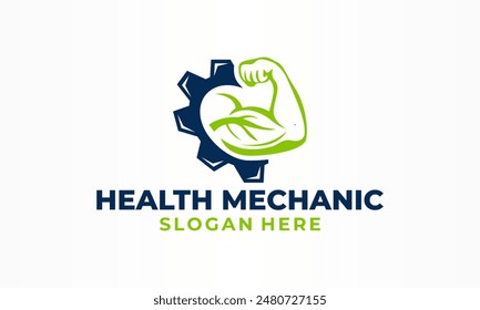 Health Mechanic Logo, bestehend aus Muskelsilhouetten, Leaf and Gear, Strong Muscles Icon, Fitness and Strength Logo Gesunde Vektorillustration