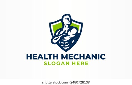 Logotipo mecánico de salud, que contiene escudo y músculo. Fitness Gimnasio Símbolo Diseño Plantilla Vector de estilo plano, hombre fuerte icono. Símbolo de estilo de vida saludable y fitness.