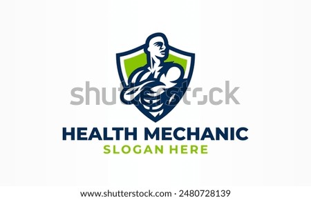 Health Mechanical Logo, containing Shield and Muscle. Fitness Gym Symbol Design Template Flat Style Vector, Strong man icon. Healthy lifestyle and fitness symbol.
