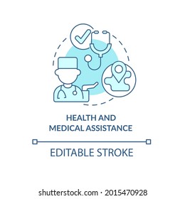 Health and medical assistance concept icon. Personal doctor survey. Humanitarian aid and special care abstract idea thin line illustration. Vector isolated outline color drawing. Editable stroke